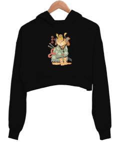 Neko Samurai Kedi Japon Baskılı Siyah Kadın Crop Hoodie Kapüşonlu Sweatshirt