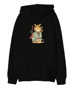 Neko Samurai Kedi Japon Baskılı Siyah Oversize Unisex Kapüşonlu Sweatshirt