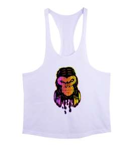 Neon Işıklı Damlacıklı Sinirli Özel Tasarım Orangutan Fitness Beyaz Erkek Tank Top Atlet