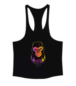 Neon Işıklı Damlacıklı Sinirli Özel Tasarım Orangutan Fitness Siyah Erkek Tank Top Atlet