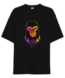 Neon Işıklı Damlacıklı Sinirli Özel Tasarım Orangutan Siyah Oversize Unisex Tişört