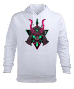 Neon Samuray Maske Beyaz Erkek Kapüşonlu Hoodie Sweatshirt