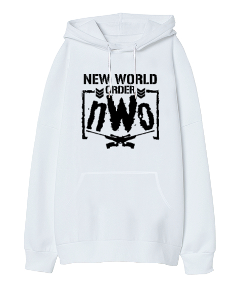 New World Order NWO Beyaz Oversize Unisex Kapüşonlu Sweatshirt