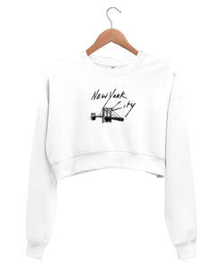 New York Beyaz Kadın Crop Sweatshirt