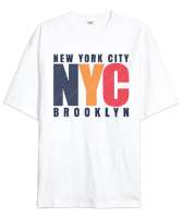 New York City Brooklyn Beyaz Oversize Unisex Tişört - Thumbnail