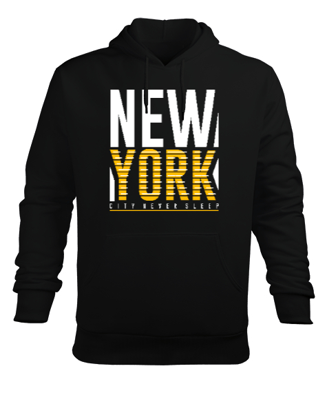  New York City Never Sleeps Baskılı Siyah Erkek Kapüşonlu Hoodie Sweatshirt