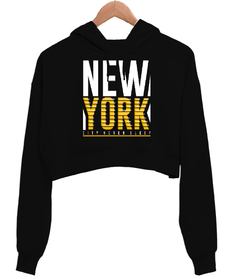  New York City Never Sleeps Baskılı Siyah Kadın Crop Hoodie Kapüşonlu Sweatshirt