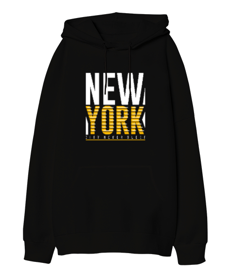  New York City Never Sleeps Baskılı Siyah Oversize Unisex Kapüşonlu Sweatshirt