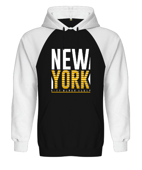  New York City Never Sleeps Baskılı Siyah/Beyaz Orjinal Reglan Hoodie Unisex Sweatshirt