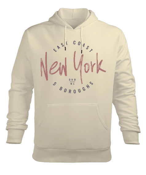 New York East Coast Baskılı Krem Erkek Kapüşonlu Hoodie Sweatshirt