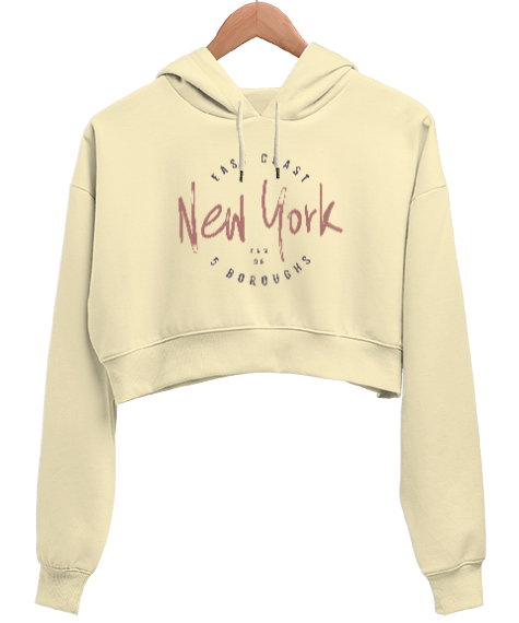 New York East Coast Baskılı Krem Kadın Crop Hoodie Kapüşonlu Sweatshirt