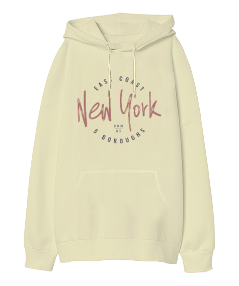 New York East Coast Baskılı Krem Oversize Unisex Kapüşonlu Sweatshirt