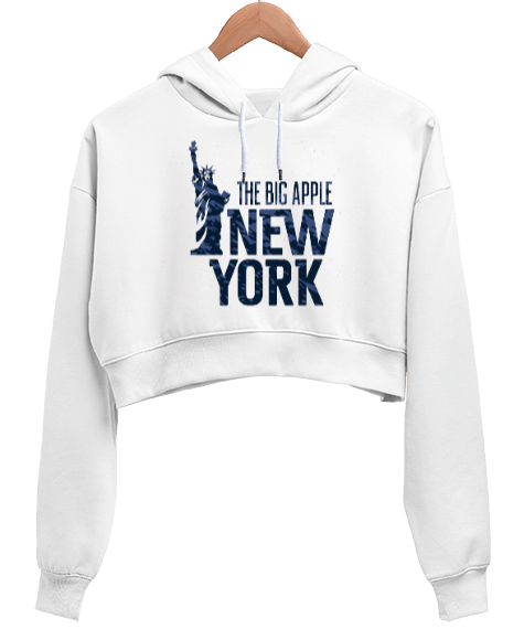 New York The Big Apple Baskılı Beyaz Kadın Crop Hoodie Kapüşonlu Sweatshirt