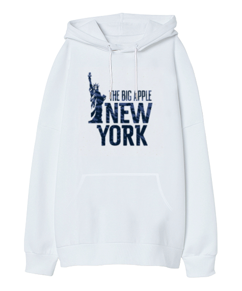 New York The Big Apple Baskılı Beyaz Oversize Unisex Kapüşonlu Sweatshirt