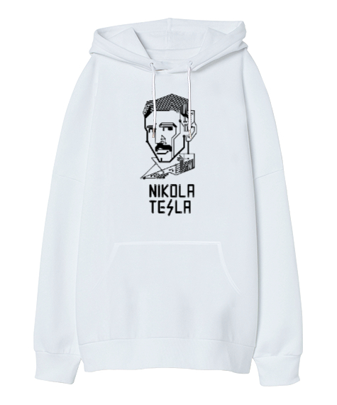 Nikola Tesla V1 Beyaz Oversize Unisex Kapüşonlu Sweatshirt