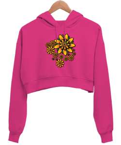 Nilüfer Çiçekleri Fuşya Kadın Crop Hoodie Kapüşonlu Sweatshirt