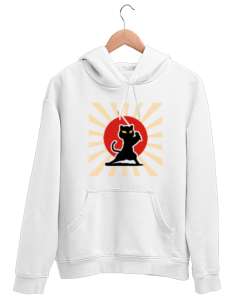 Ninja Kedi - Samuray - Cat Beyaz Unisex Kapşonlu Sweatshirt