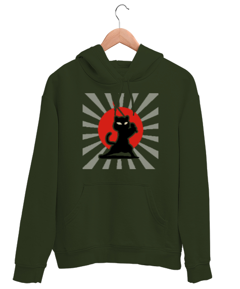 Tisho - Ninja Kedi - Samuray - Cat Haki Yeşili Unisex Kapşonlu Sweatshirt