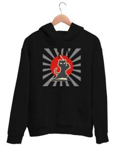 Ninja Kedi - Samuray - Cat Siyah Unisex Kapşonlu Sweatshirt