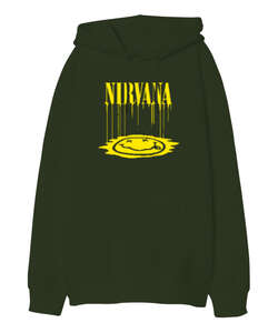 Nirvana Blu V3 Haki Yeşili Oversize Unisex Kapüşonlu Sweatshirt