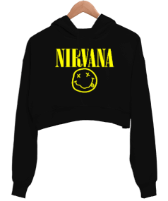 Nirvana Nevermind Baskılı Siyah Kadın Crop Hoodie Kapüşonlu Sweatshirt