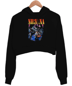 Nirvana Unplugged Baskılı Siyah Kadın Crop Hoodie Kapüşonlu Sweatshirt