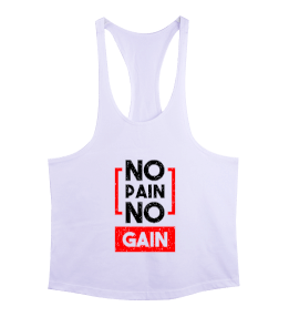 No Pain No Gain Baskılı Beyaz Erkek Tank Top Atlet