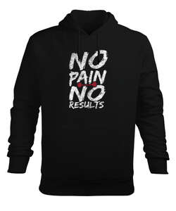 No Pain No Results Baskılı Siyah Erkek Kapüşonlu Hoodie Sweatshirt