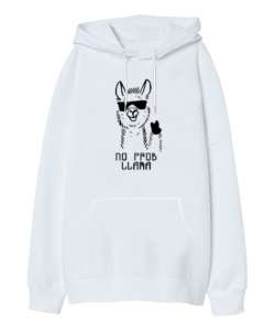 No Prob Llama - Cool Lama Beyaz Oversize Unisex Kapüşonlu Sweatshirt