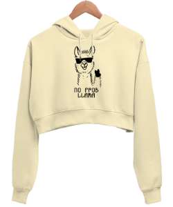 No Prob Llama - Cool Lama Krem Kadın Crop Hoodie Kapüşonlu Sweatshirt