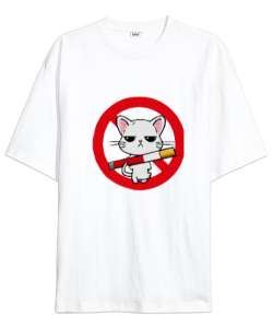 no smoking cat Beyaz Oversize Unisex Tişört