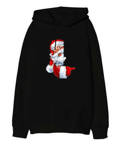 Noel Baba Siyah Oversize Unisex Kapüşonlu Sweatshirt