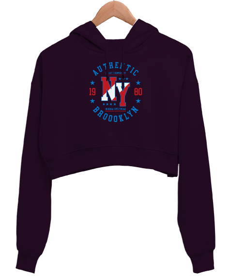 Tisho - NY - Newyork - New York - Şehir - 80ler Koyu Mor Kadın Crop Hoodie Kapüşonlu Sweatshirt