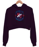 NY - Newyork - New York - Şehir - 80ler Koyu Mor Kadın Crop Hoodie Kapüşonlu Sweatshirt - Thumbnail