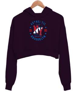 NY - Newyork - New York - Şehir - 80ler Koyu Mor Kadın Crop Hoodie Kapüşonlu Sweatshirt