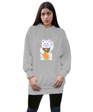 Obez Kedi Kadın Uzun Hoodie Kapüşonlu Sweatshirt