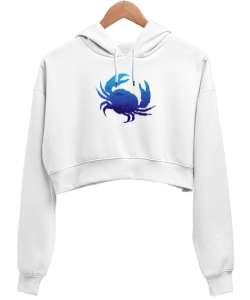 OCEAN LIFE Beyaz Kadın Crop Hoodie Kapüşonlu Sweatshirt