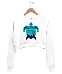 OCEAN LIFE Beyaz Kadın Crop Sweatshirt