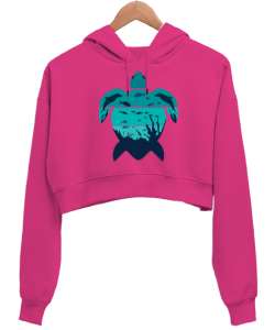 OCEAN LIFE Fuşya Kadın Crop Hoodie Kapüşonlu Sweatshirt