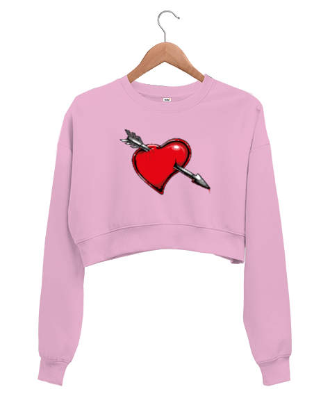 Tisho - Ok Saplanmış Kalp Pembe Kadın Crop Sweatshirt