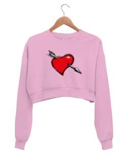 Ok Saplanmış Kalp Pembe Kadın Crop Sweatshirt