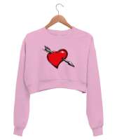 Ok Saplanmış Kalp Pembe Kadın Crop Sweatshirt - Thumbnail