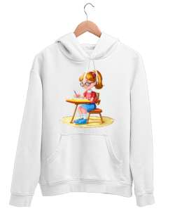 Okul Kızı Beyaz Unisex Kapşonlu Sweatshirt