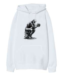 Okumak ve Düşünen Adam Beyaz Oversize Unisex Kapüşonlu Sweatshirt