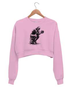 Okumak ve Düşünen Adam Pembe Kadın Crop Sweatshirt