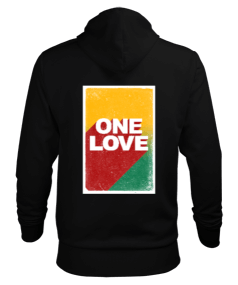 ONE LOVE BASKILI ERKEK KAPŞONLU SİYAH HOODİE SWEATSHİRT Erkek Kapüşonlu Hoodie Sweatshirt