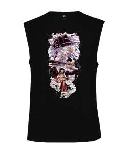 One Piece Anime Tasarım Baskılı Siyah Kesik Kol Unisex Tişört