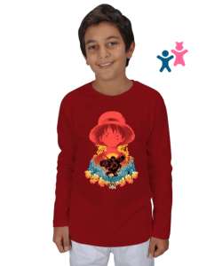 One Piece Monkey D. Luffy Anime Tasarım Baskılı Kırmızı Çocuk Unisex Uzunkollu