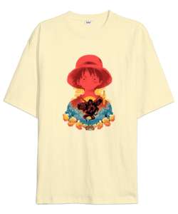 One Piece Monkey D. Luffy Anime Tasarım Baskılı Krem Oversize Unisex Tişört