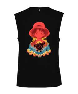 One Piece Monkey D. Luffy Anime Tasarım Baskılı Siyah Kesik Kol Unisex Tişört